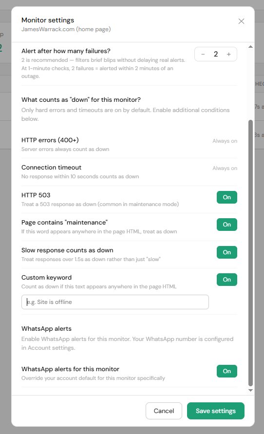 Monitor settings modal showing down condition toggles