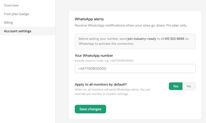 Account settings page showing WhatsApp number and apply to all monitors toggle